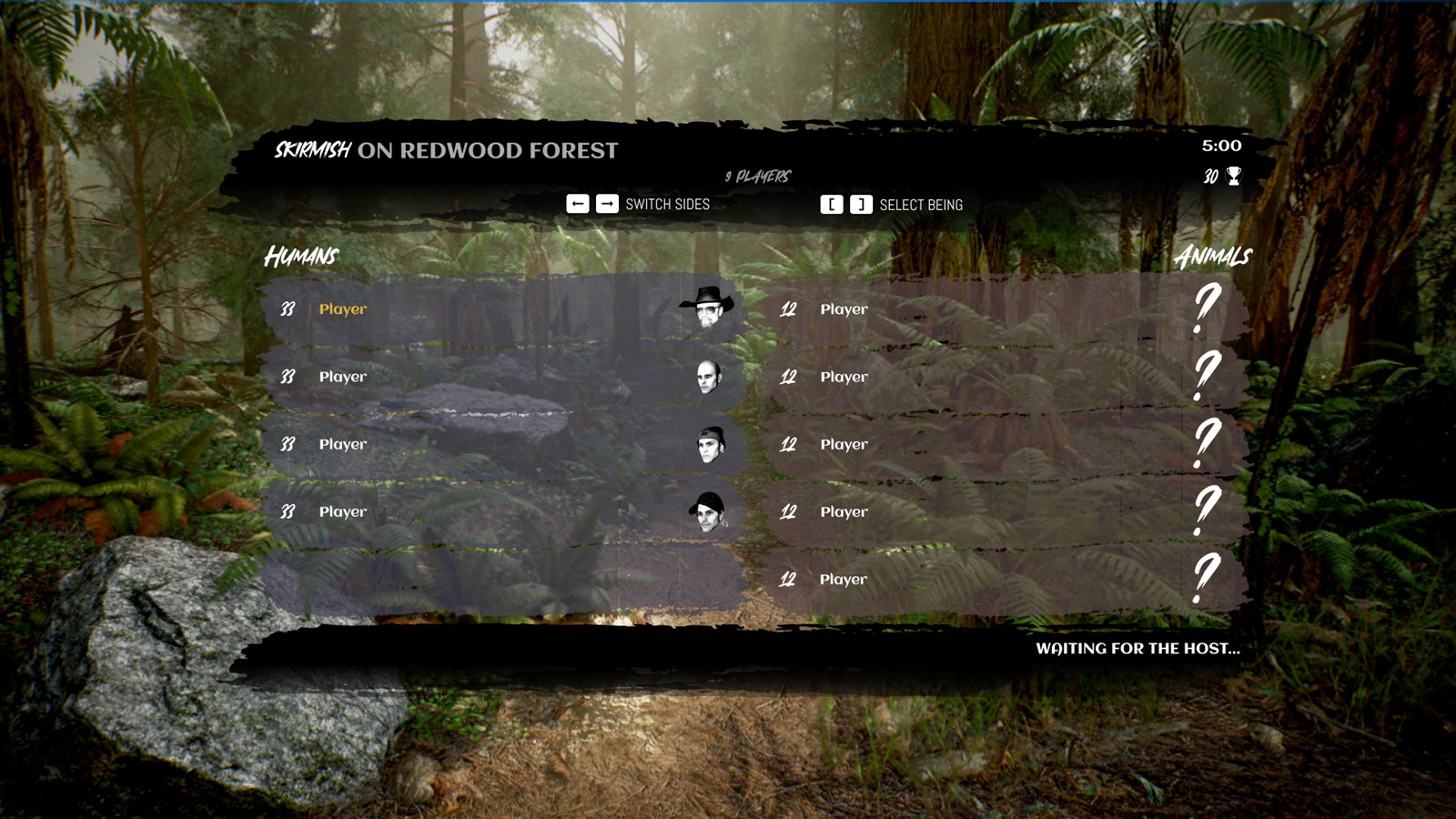 Pre-match team selection screen splitting Humans and Animals into two columns over a forest environment